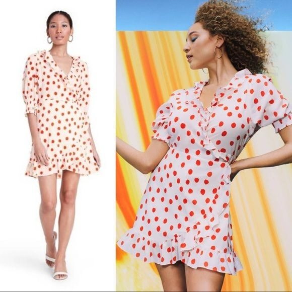Rixo Woman's Dress XXS Red Polka Dot Mini Wrap Ruffle Belted Half Sleeve New - Picture 3 of 17